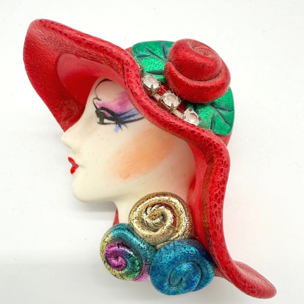 Vintage Flapper Style Red Hat Lady Face Brooch Rhinestone Roses Large 3D